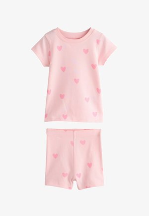 Rožinės trumpomis rankovėmis marškinėlių ir šortų komplektas su tamsesnėmis rožinėmis širdutėmis ant minkšto audinio vaikams.