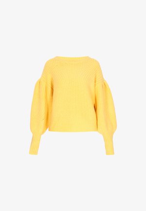 Geel gebreid sweater met een ronde halslijn, opgezette mouwen en een gestructureerde afwerking. Verkorte stijl met geribde manchetten.