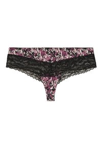 String en dentelle avec un motif floral en rose, noir et blanc. Présente un tissu doux et des accents en dentelle délicate.