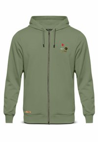 Groene zip-up hoodie met een frontale rits, twee zakken en geborduurde golfthema-logo's. Gemaakt van zacht materiaal met een gladde textuur.