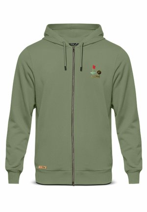 Groene zip-up hoodie met een frontale rits, twee zakken en geborduurde golfthema-logo's. Gemaakt van zacht materiaal met een gladde textuur.