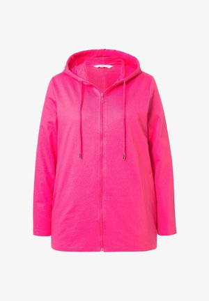 Růžová mikina na zip s kapucí na šňůrku, dlouhými rukávy a hladkou texturou. Design obsahuje přední zip a volný střih.