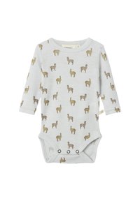 Bodysuit za bebe s dugim rukavima od svijetlosive tkanine, s ponovljenim uzorkom smeškastih ljama i zakrpama na dnu.