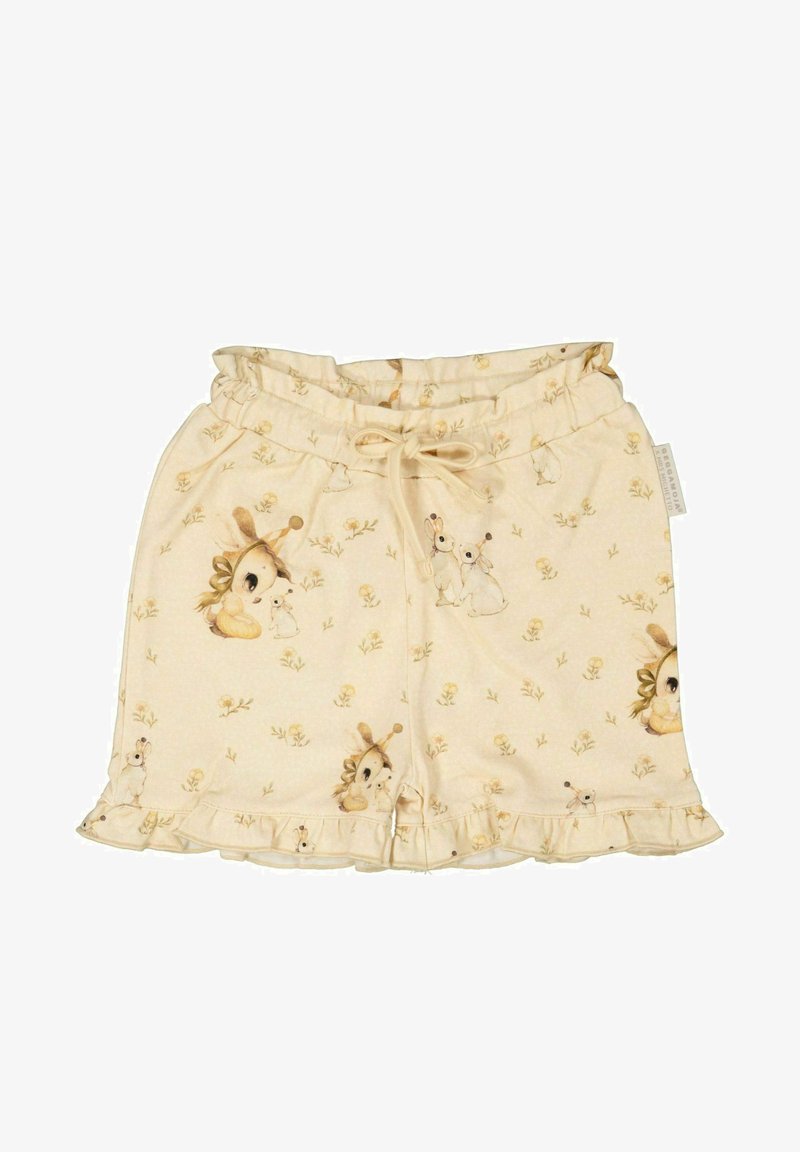 Lys beige shorts med en flæset kant, prydet med et gentaget mønster af tegneseriefigurer og blomster, lavet af blødt, let stof.