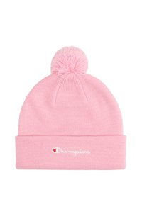 Roze gebreide beanie met een pompon bovenop en een opgerolde rand met een wit geborduurd "Champion" logo. Zachte textuur en aangesloten ontwerp.