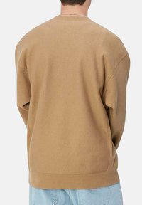 Sudadera oversized marrón hecha de una tela suave, con cuello redondo y hombros caídos. La vista trasera muestra costuras mínimas y puños acanalados.