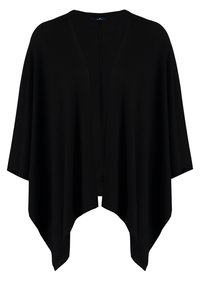 Zwarte open poncho met brede mouwen en asymmetrische zoom, gemaakt van zachte, soepel vallende stof.