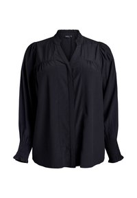 Blusa nera con scollatura a V, dettagli plissettati sulle spalle e polsini arricciati. Realizzata in tessuto leggero con una texture morbida.