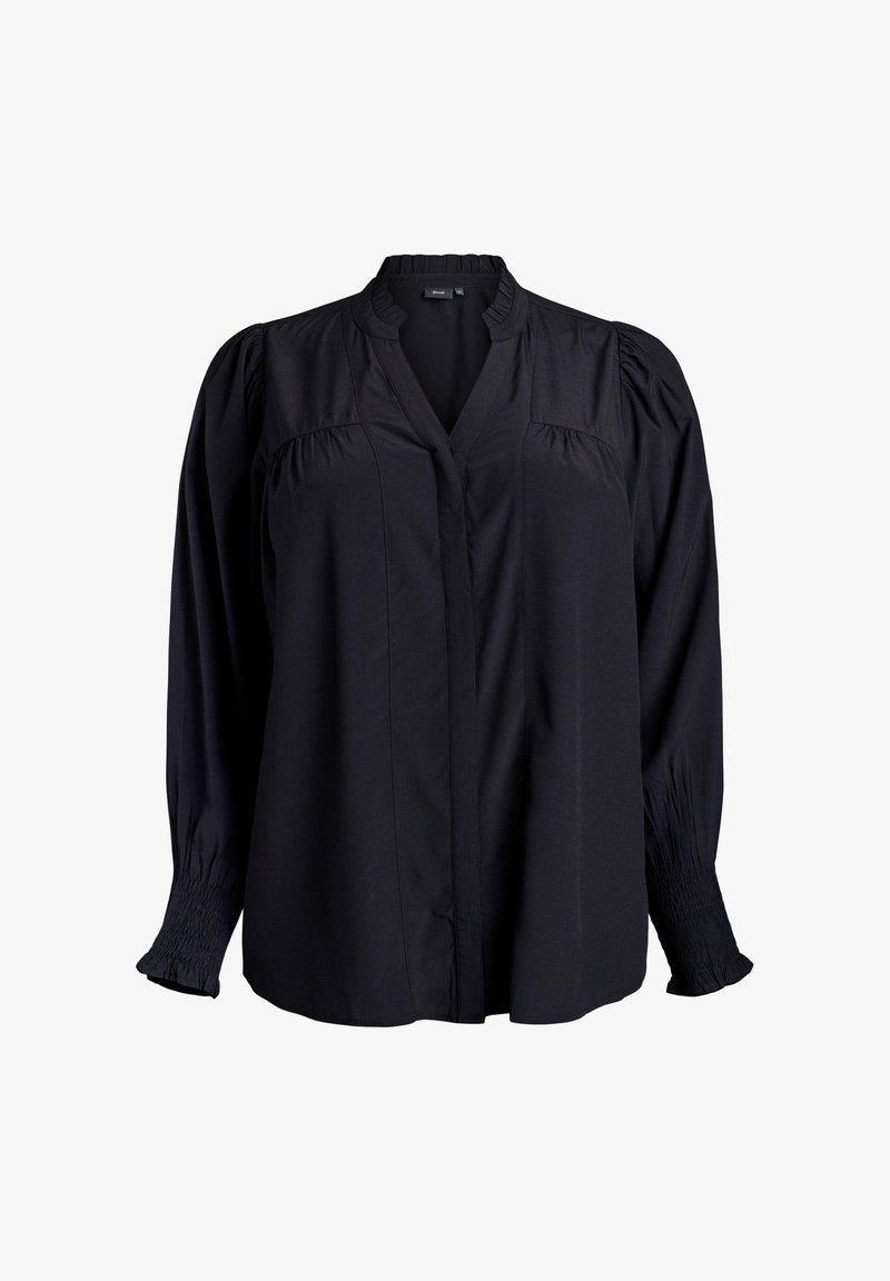 Schwarze Bluse mit V-Ausschnitt, gefältelten Details an den Schultern und gerafften Bündchen. Hergestellt aus leichtem Stoff mit glatter Textur.