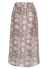 Midi skirt in lightweight fabric, featuring a snakeskin pattern in shades of beige and brown. Elastic waistband and straight silhouette.