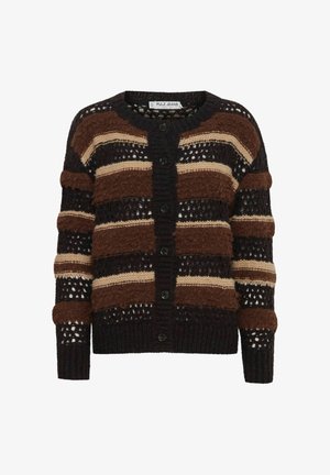Brown and cream striped cardigan with a textured knit design, featuring black buttons and a round neckline. Open weave pattern throughout.