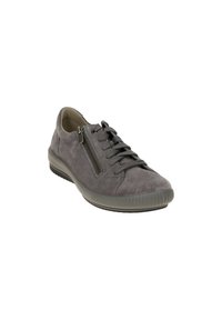 Gray suede sneaker featuring a rounded toe, lace-up front, and a side zipper. Textured rubber sole and mesh lining for comfort.
