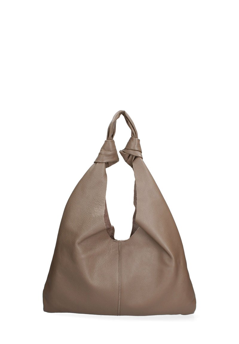 Borsa hobo in morbida pelle marrone texturizzata con manico superiore annodato e design traforato per un facile trasporto.
