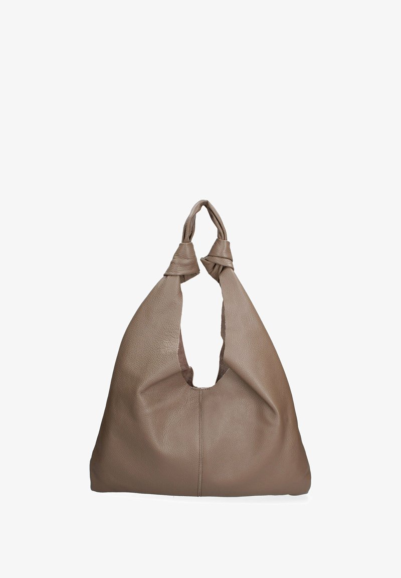 Borsa hobo in morbida pelle marrone texturizzata con manico superiore annodato e design traforato per un facile trasporto.