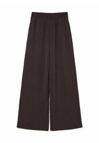 Pantalon à jambes larges, marron foncé, avec une taille élastique et une texture douce. Le tissu semble léger et légèrement froissé. Aucune poche visible.