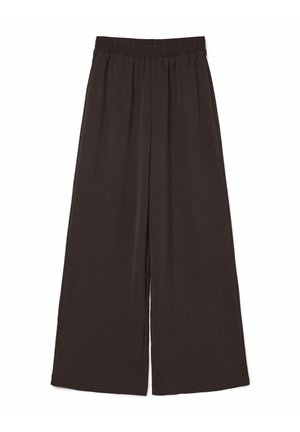 Pantaloni a gamba larga, marrone scuro, con vita elastica e tessuto morbido. Il tessuto sembra leggero e leggermente stropicciato. Nessuna tasca visibile.