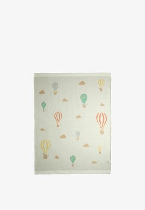 Couverture de couleur claire avec des montgolfières colorées transportant des animaux et de petits nuages dispersés.