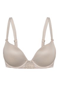 Beige Bügel-BH mit glatten, geformten Cups, verstellbaren Spitzen-Trägern und einem Rückenteil aus Mesh mit Haken- und Ösenverschluss.