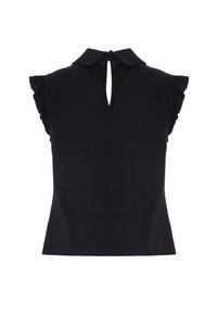 Blusa nera senza maniche con colletto Peter Pan, dettagli arricciati sulle spalle e apertura a occhiello sul retro con chiusura a bottone.