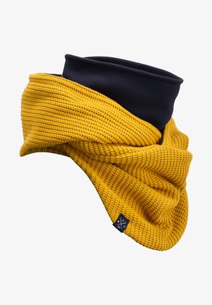 Yellow knitted scarf with a textured pattern, featuring a black fleece band at the top. Has a small black logo tag on one side.