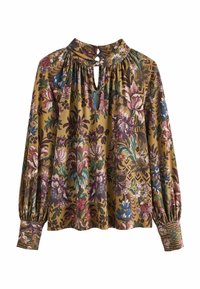 Blusa floreale a maniche lunghe con collo alto, apertura a chiave frontale, tessuto arricciato e polsini con bottoni in tonalità senape, viola, verde e blu.