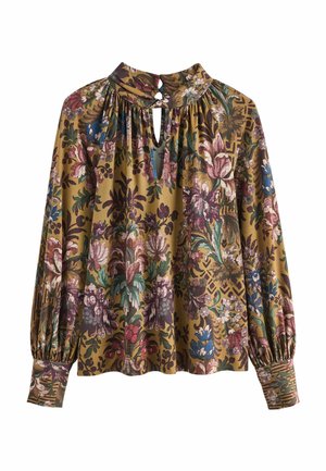 Bluză florală cu mâneci lungi, gât înalt, deschidere în formă de cheie în față, țesătură prinsă și manșete cu nasturi, în tonuri de muștar, violet, verde și albastru.