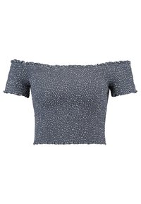 Top corto off-the-shoulder en azul oscuro, con un diseño texturizado de smock, mangas cortas y un borde rizado a lo largo del escote.