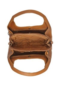 Sac à main en cuir tan avec deux poignées, présente une poche zippée intérieure et plusieurs compartiments, texture lisse et doublure à motifs.