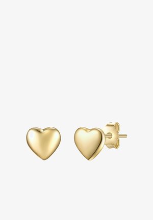 Pendientes de botón en forma de corazón de oro con un acabado liso y brillante y respaldo en forma de flor. Cada pendiente tiene un diseño redondeado y tridimensional.