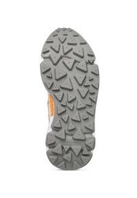 Schuhsohle aus grauem Gummi mit einer strukturierten Oberfläche, die mehrere dreieckige Stollen für besseren Halt aufweist. Die Marke "Flower Mountain" ist sichtbar.
