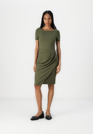 PLEATED SKIRT FITTED CAP SLEEVES MIDI DRESS  - Jerseykjole - khaki