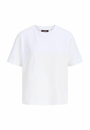 T-shirt blanc uni à manches courtes avec col rond, coupe décontractée et étiquette de marque visible à l'intérieur du col.