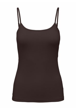 Brown fitted camisole top with thin adjustable shoulder straps on a white background.