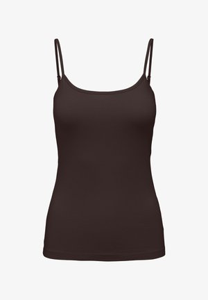 Brown fitted camisole top with thin adjustable shoulder straps on a white background.