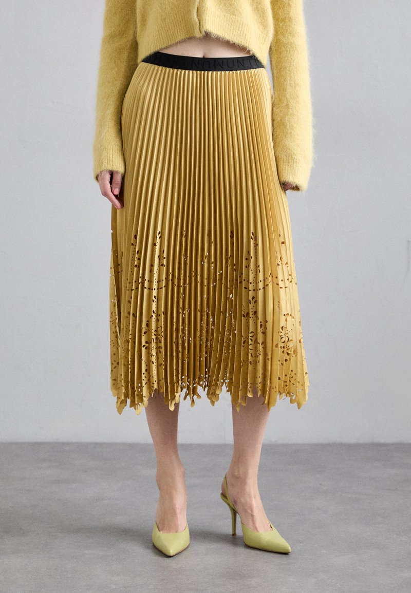 Fustă plisată galbenă cu desene florale decupate cu laser la tiv. Prezintă un brâu negru, asociată cu pantofi cu vârful ascuțit de culoare verde deschis.