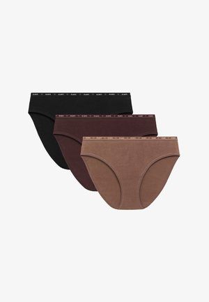 Trzy pary damskich fig w kolorach czarnym, ciemnobrązowym i jasnobrązowym. Wykonane z miękkiej tkaniny, z gumkami w pasie ozdobionymi logo. Klasyczny krój i pełne pokrycie.