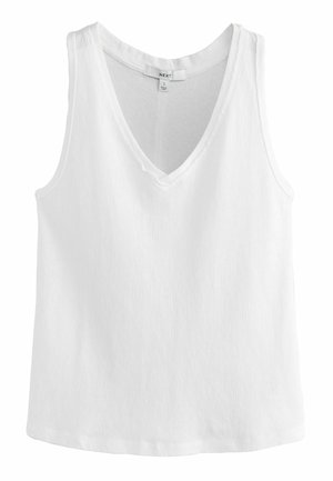 Witte mouwloze tanktop met V-hals en ingenaaid label met de tekst "NEXT," maat small.