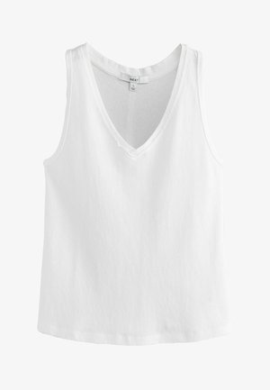 Weißes ärmelloses Tanktop mit V-Ausschnitt und eingenähtem Etikett mit der Aufschrift "NEXT", Größe S.