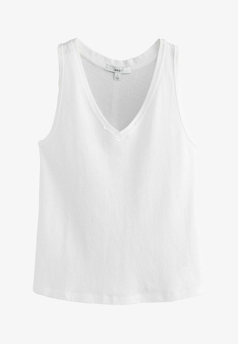 Débardeur blanc sans manches avec col en V et étiquette cousue indiquant "NEXT", taille petite.