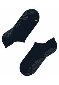 Crne anklet čarape s teksturiranim, sivim gumiranim gripovima na potplatu, s pojačanim petom i malim, žutim "R" za identifikaciju desnog stopala.