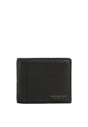 Portafoglio bifold in pelle nera strutturata con testo in rilievo dorato "THE BRIDGE FIRENZE 1969" nell'angolo in basso a destra.