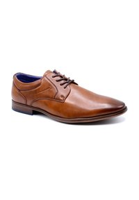 Chaussure habillée en cuir marron avec un bout pointu, un laçage et une doublure intérieure bleue contrastante. Texture lisse avec des accents minimalistes.