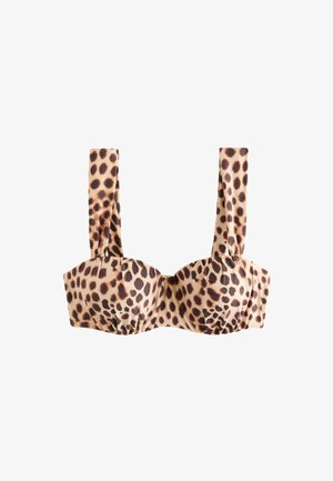 Leopardenmuster-BH-Top mit breiten Trägern und strukturierten Cups in Beige- und Dunkelbrauntönen auf weißem Hintergrund.