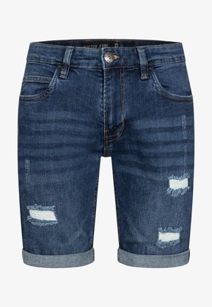 Pantaloni corti in denim blu scuro con orli risvoltati, caratterizzati da dettagli strappati con bordi sfilacciati sul davanti. Design a cinque tasche con chiusura a bottone.