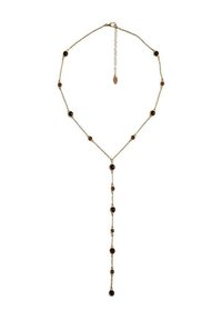 Náhrdelník v zlatej farbe s striedajúcimi sa tmavými kruhovými korálkami a článkami reťaze, so vzorom v tvare písmena Y s dlhším závesom v strede.