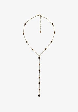 Collana dorata con perle circolari scure alternate a maglie di catena, caratterizzata da un design a forma di Y con una goccia più lunga al centro.