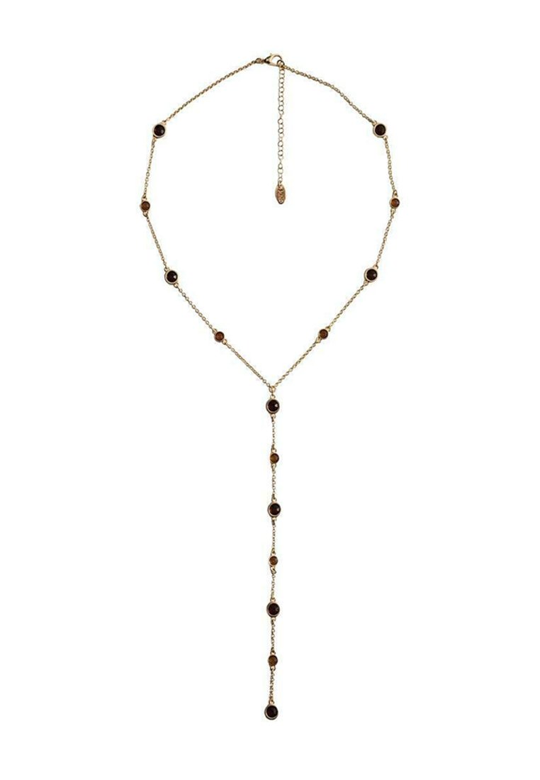 Náhrdelník v zlatej farbe s striedajúcimi sa tmavými kruhovými korálkami a článkami reťaze, so vzorom v tvare písmena Y s dlhším závesom v strede.