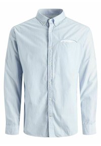 Svetle modrá košile s dlouhým rukávem, button-down límcem, vertikálními pruhy, náprsní kapsou a jemně strukturovanou tkaninou.