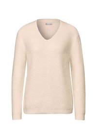 Cremefarbenes Sweatshirt mit V-Ausschnitt, langen Ärmeln und strukturiertem Strickdesign. Der Stoff wirkt weich und leicht dehnbar.