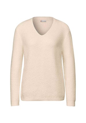 Cremefarbenes Sweatshirt mit V-Ausschnitt, langen Ärmeln und strukturiertem Strickdesign. Der Stoff wirkt weich und leicht dehnbar.